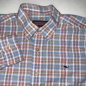Vineyard Vines Whale Shirt Mens Medium Plaid Pink Blue White Cotton Button Down